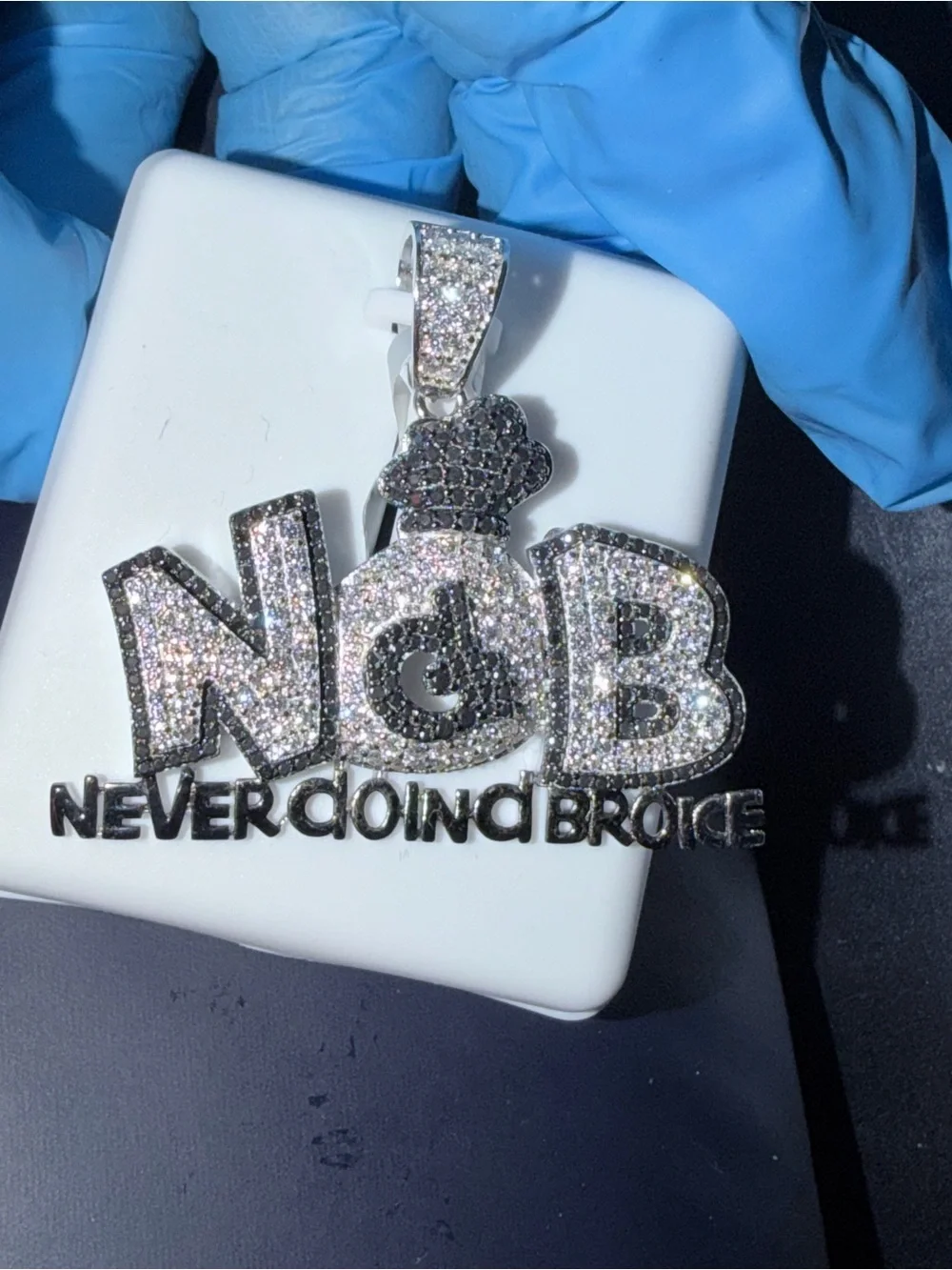 925 Silver Moissanite Pendant with 'N&B' and 'NEVER GOING BROKE'